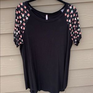 Black T-Shirt with Rose Patterned Sleeves